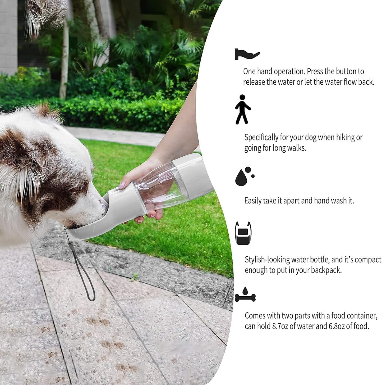 Dog Water Bottle for Walking, Portable Dog Water Dispenser, Multifunctional and Detachable Design Combo Food Container, Pet Travel Camping Water Bottle Gear for Outdoor Hiking(Gray)