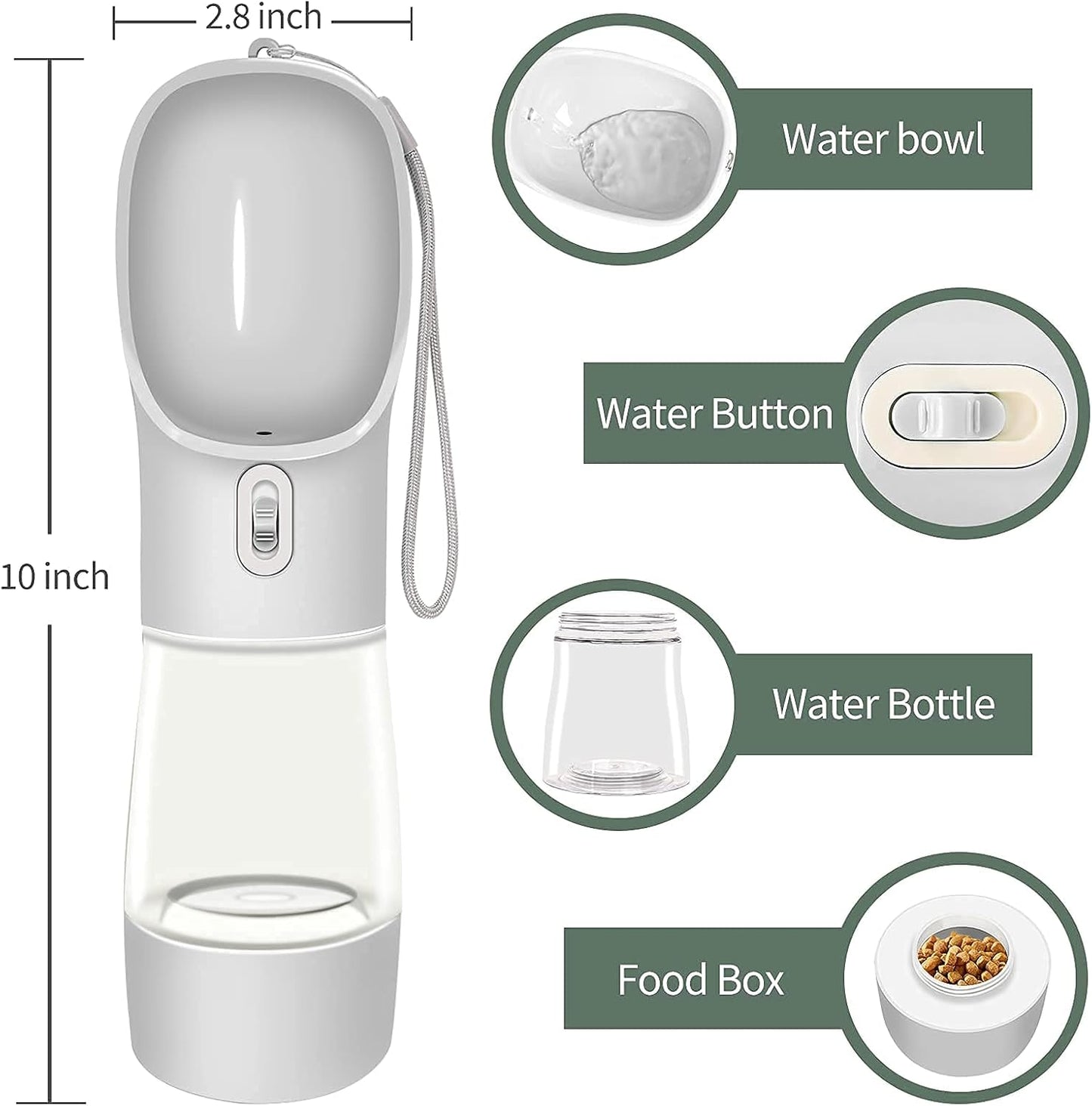 Dog Water Bottle for Walking, Portable Dog Water Dispenser, Multifunctional and Detachable Design Combo Food Container, Pet Travel Camping Water Bottle Gear for Outdoor Hiking(Gray)