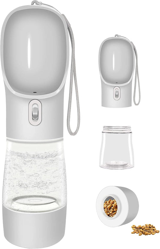 Dog Water Bottle for Walking, Portable Dog Water Dispenser, Multifunctional and Detachable Design Combo Food Container, Pet Travel Camping Water Bottle Gear for Outdoor Hiking(Gray)